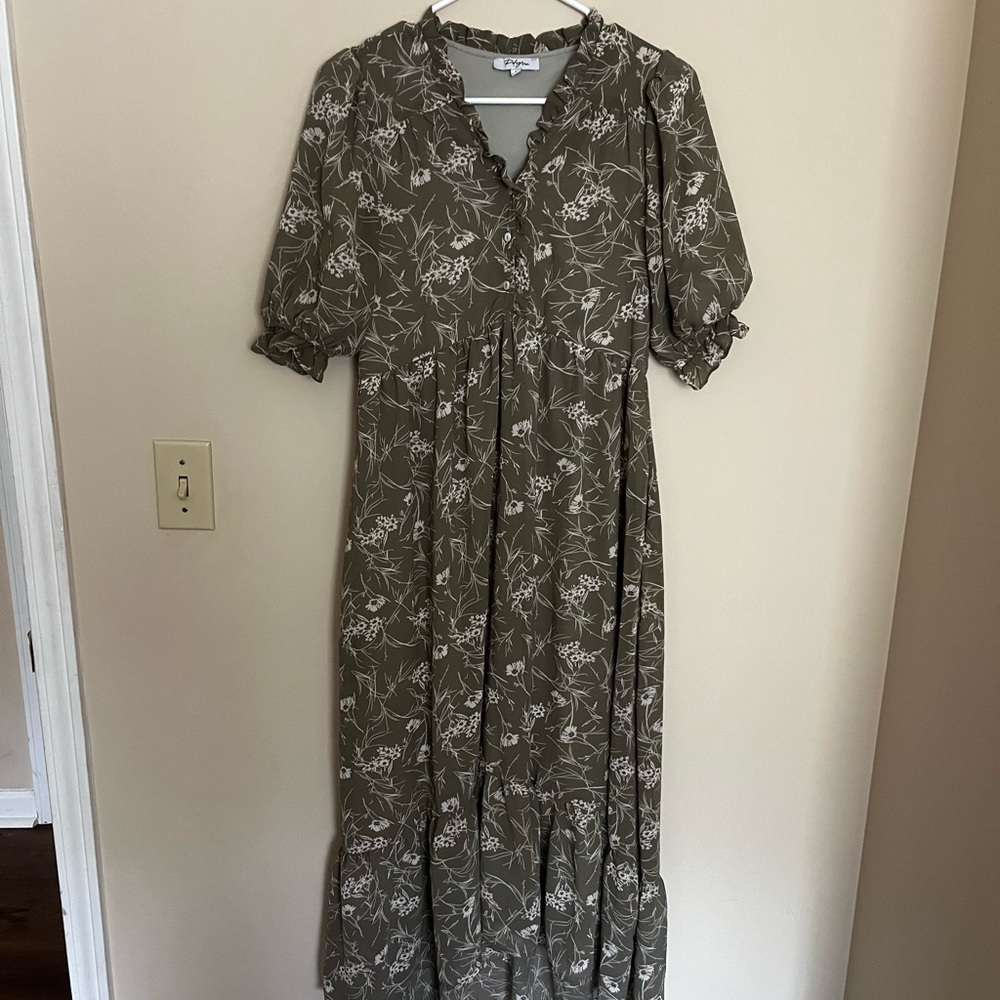 Polagram Olive Green Floral Maxi Dress